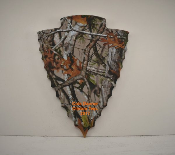 Arrowhead antler plaque with a vista camo design.