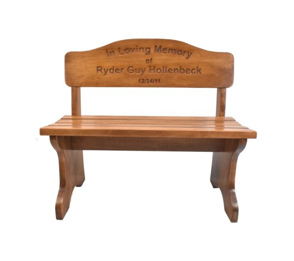 Custom engraved wooden memorial bench.