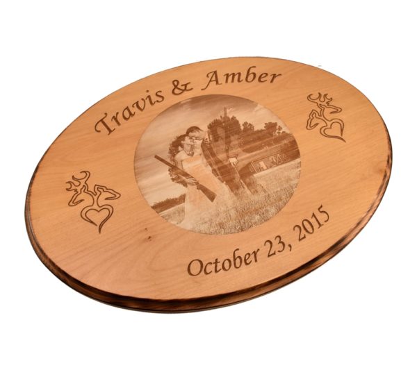 Custom engraved hardwood wedding photo sign.