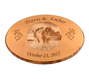 Custom engraved hardwood wedding photo sign.