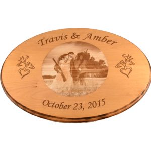 Custom engraved hardwood wedding photo sign.