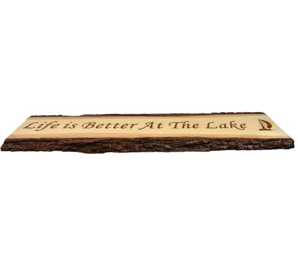 Engraved live edge door topper sign that reads, "Life is Better at the Lake".