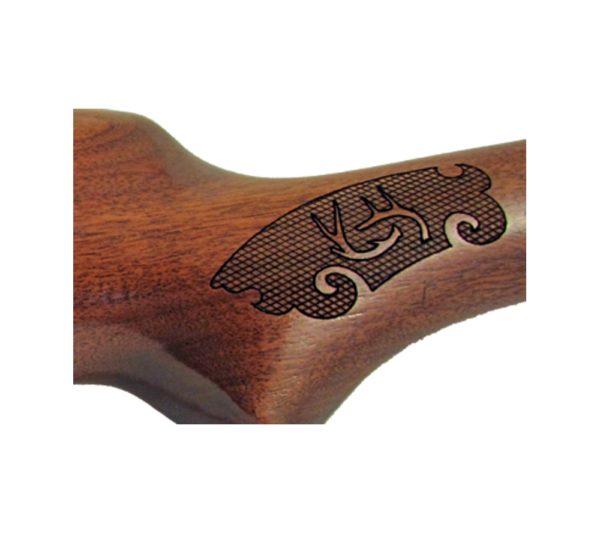 Gun stock engraving with checkering and deer antlers.
