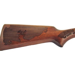 Gun stock engraving with checkering and deer antlers and a deer head.