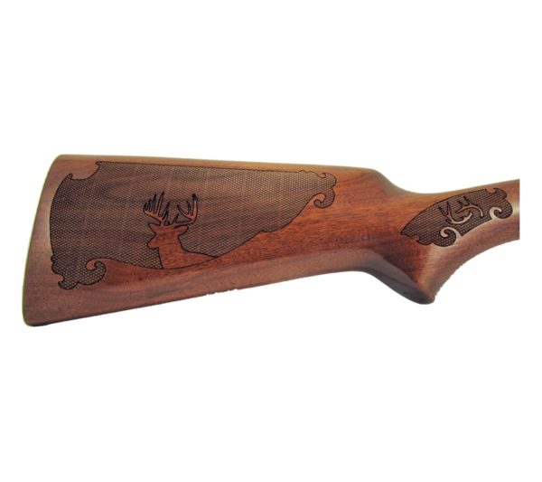 Gun stock engraving with checkering and deer antlers and a deer head.