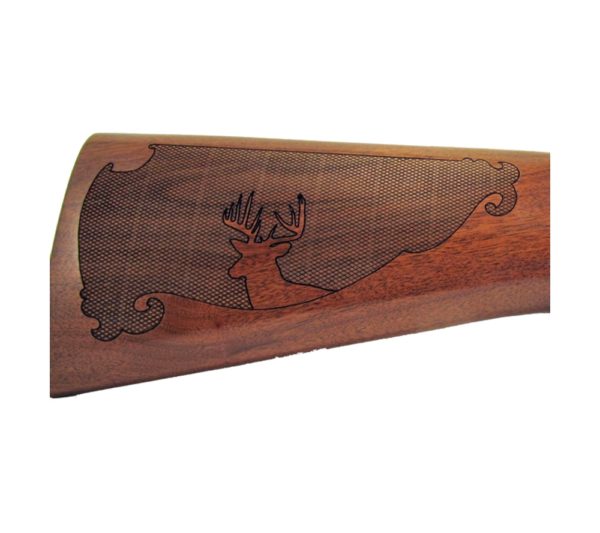 Gun stock engraving with checkering and a deer head.