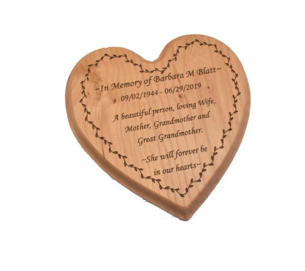 Custom engraved heart shaped plaque.