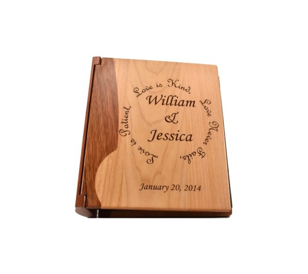 Personalized three ring wooden photo album.