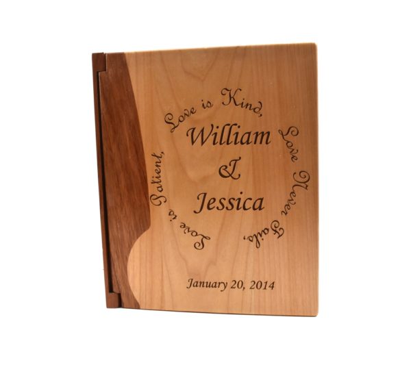 Personalized three ring wooden photo album.