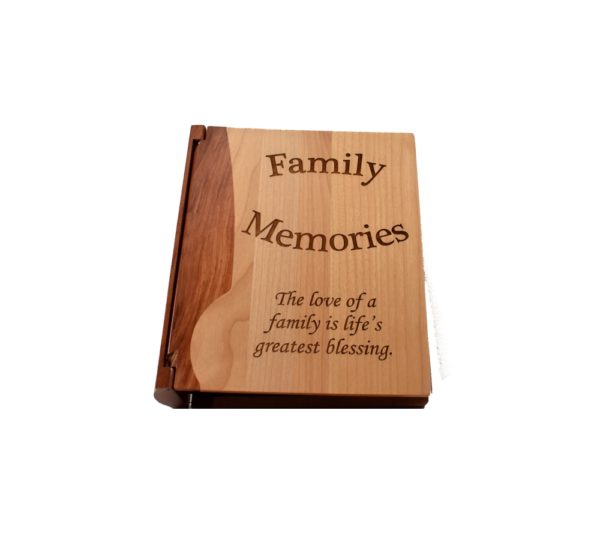 Personalized wooden photo album cover.