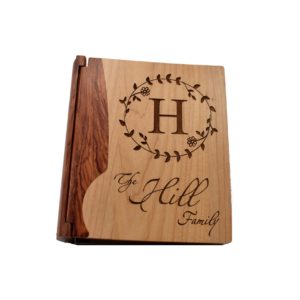 Personalized wooden photo album cover.