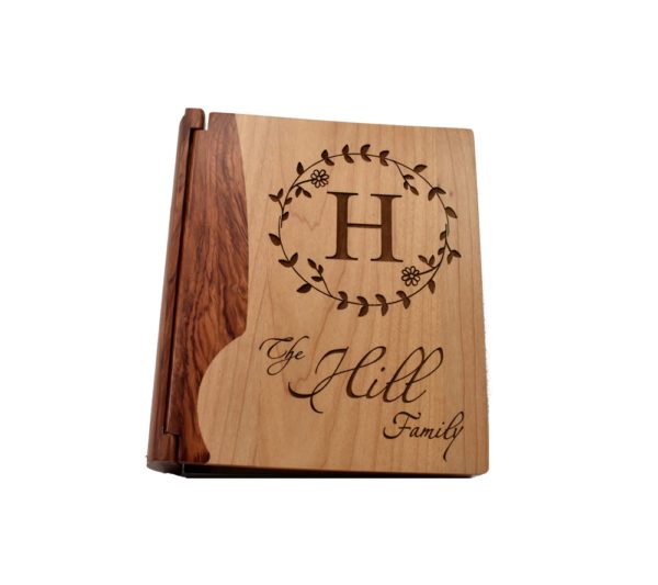 Personalized wooden photo album cover.