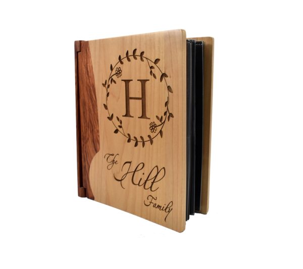 Personalized wooden photo album cover.