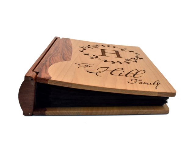 Personalized wooden photo album cover.