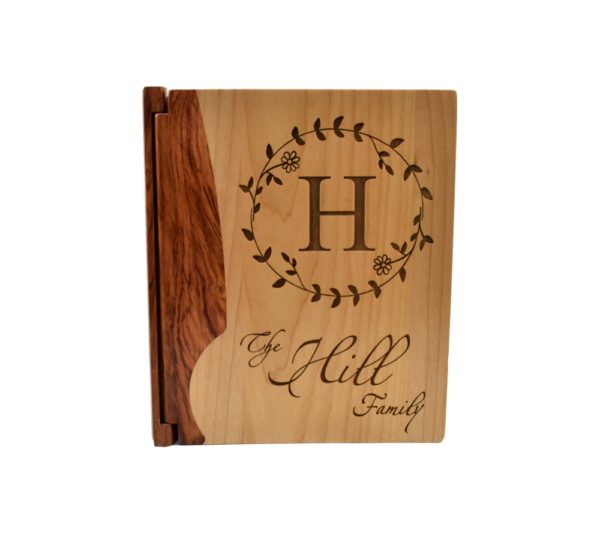 Personalized wooden photo album cover.