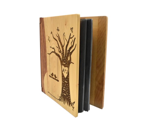 Personalized wooden photo album cover.