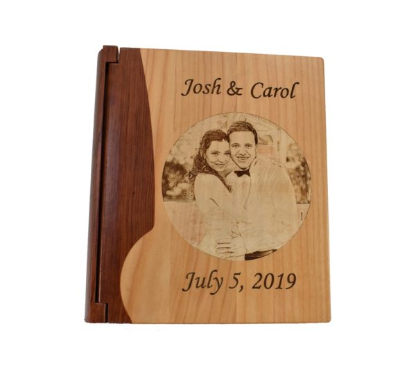 Personalized three ring wooden photo album.