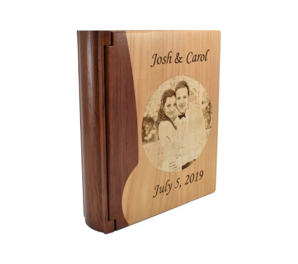 Personalized three ring wooden photo album.