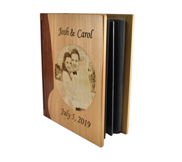 Personalized three ring wooden photo album.