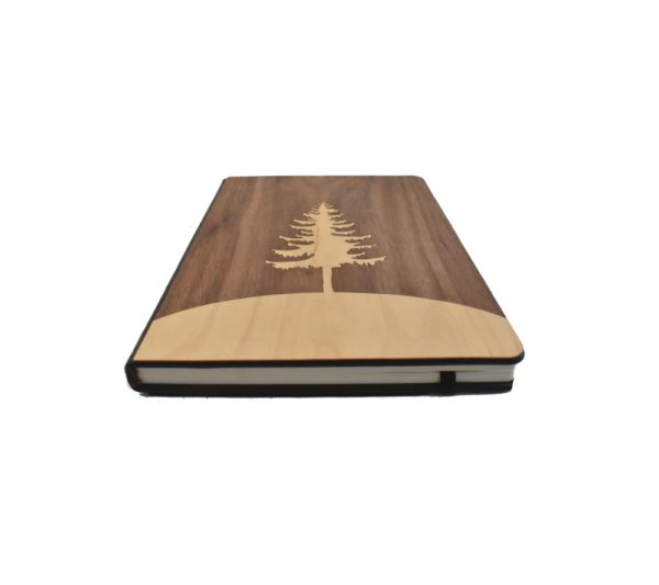 Wooden Notebook made from different colored woods making a tree design.