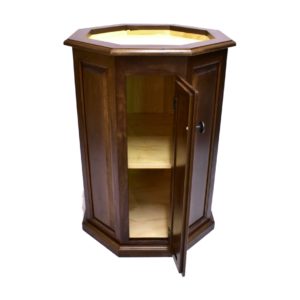 Walnut octagon pedestal with raised panels, doors.