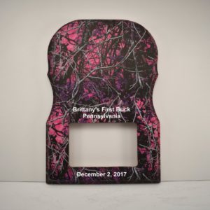 Custom engraved photo and antler plaque with "Muddy Girl" camo.