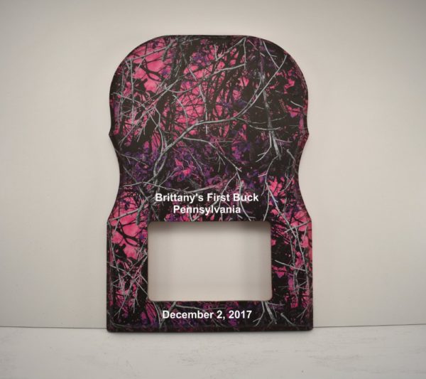 Custom engraved photo and antler plaque with "Muddy Girl" camo.