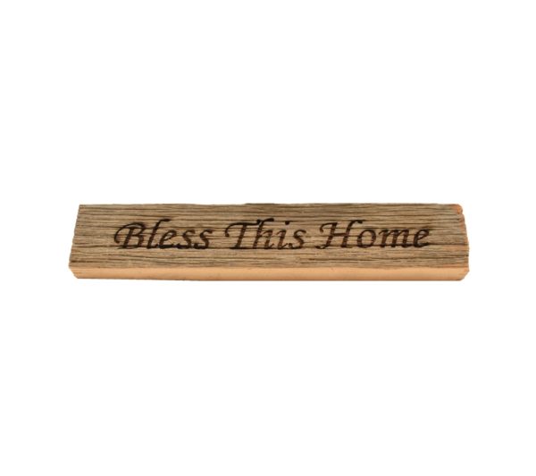 Reclaimed barn wood block sign that reads, "Bless This Home".