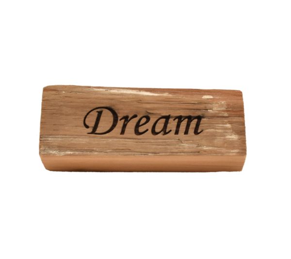 Reclaimed barn wood block sign that reads, "Dream".