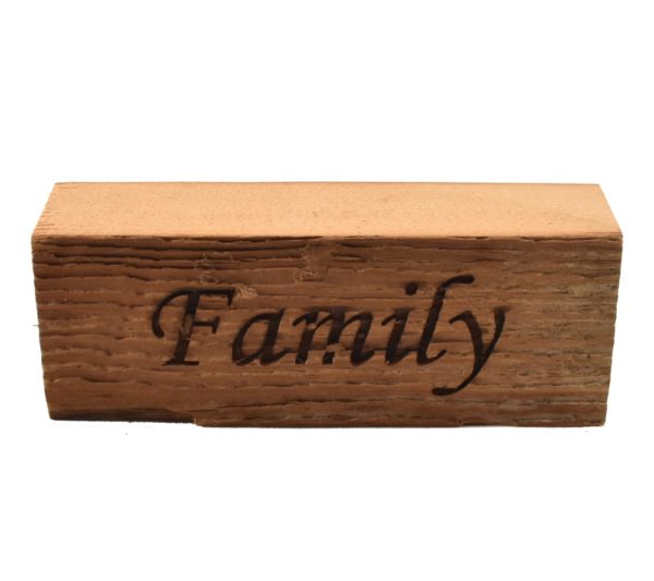 Reclaimed barnwood sign that reads, "Family".