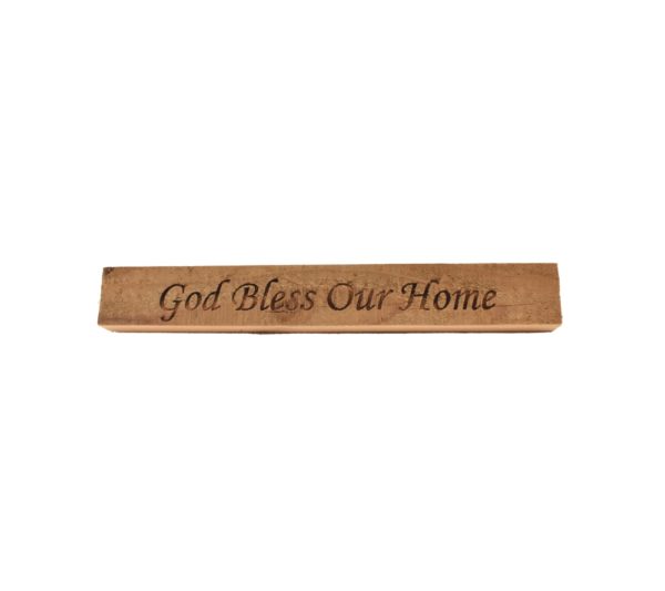 Reclaimed barn wood block sign that reads, "God Bless Our Home".