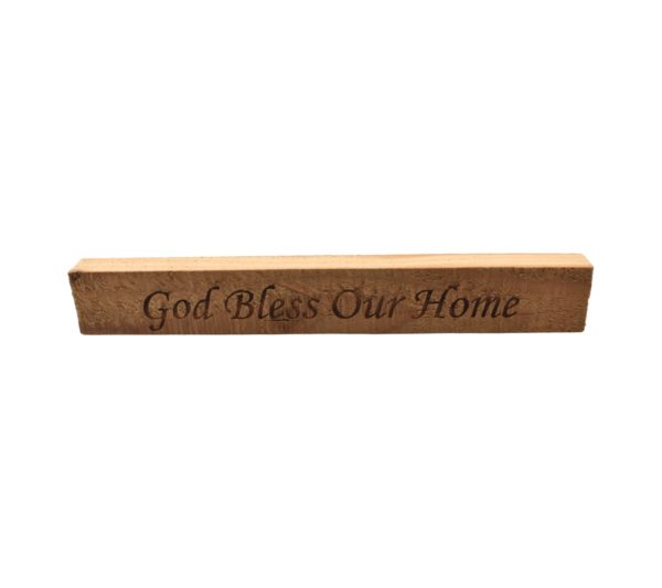 Reclaimed barn wood block sign that reads, "God Bless Our Home".