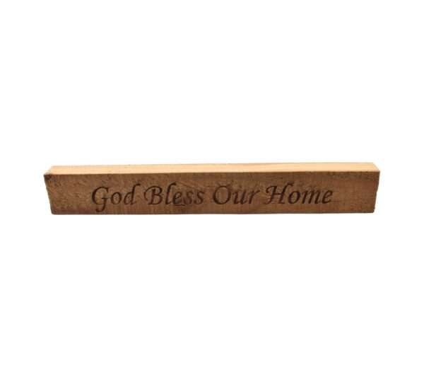 Reclaimed barn wood block sign that reads, "God Bless Our Home".