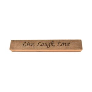 Reclaimed barn wood block sign that reads, "Live, Laugh, Love".