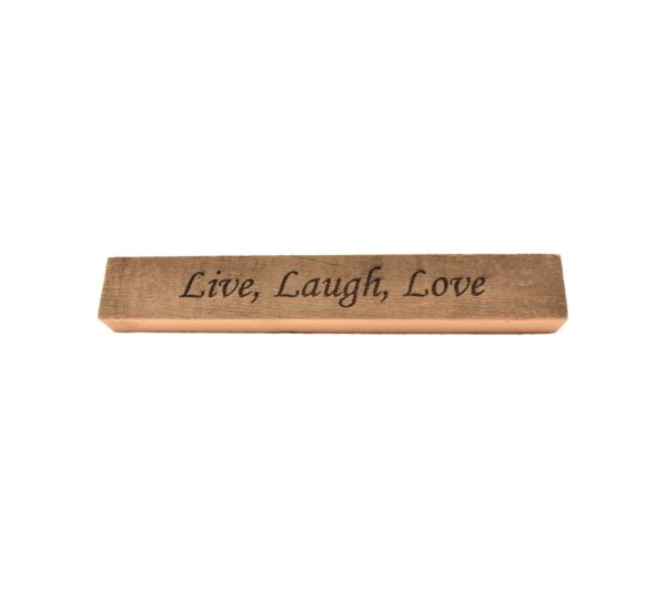 Reclaimed barn wood block sign that reads, "Live, Laugh, Love".