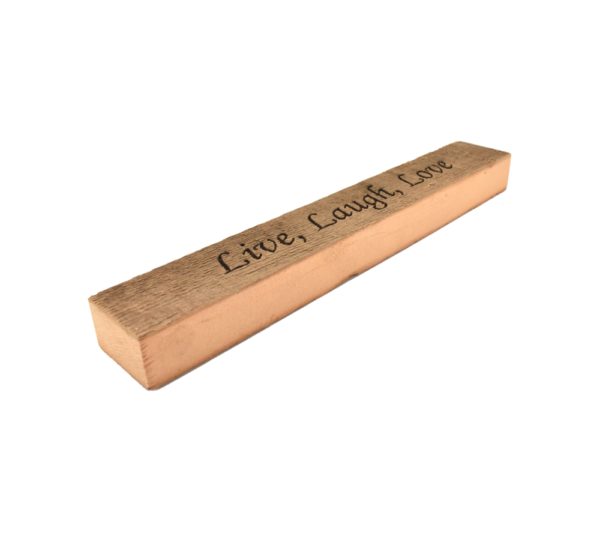 Reclaimed barn wood block sign that reads, "Live, Laugh, Love".