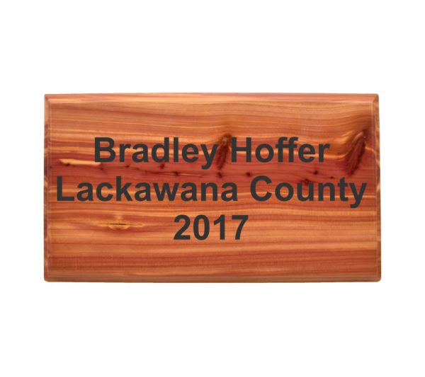 Rectangle information plaque engraved in cedar.