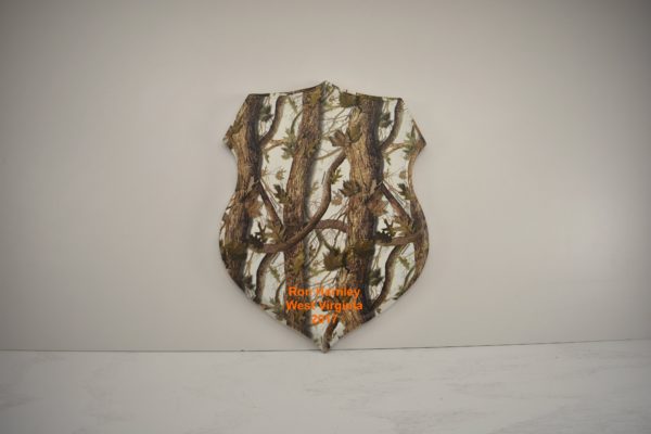 Shield taxidermy plaque with snow blind camo print.