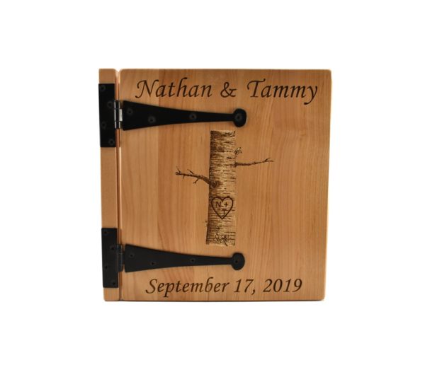 Personalized three ring wooden photo album.