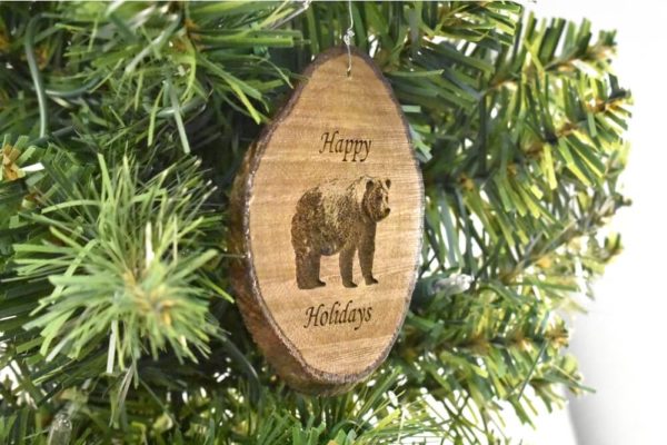 Happy Holidays Bear Rustic Wood Ornament