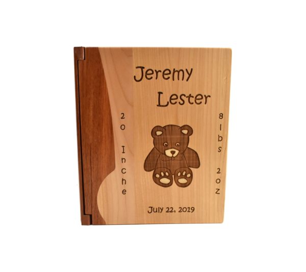 Personalized wooden photo album cover.