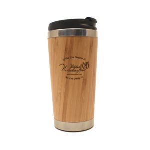 Custom engraved bamboo travel mug.