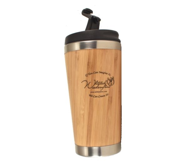 Custom engraved bamboo travel mug.