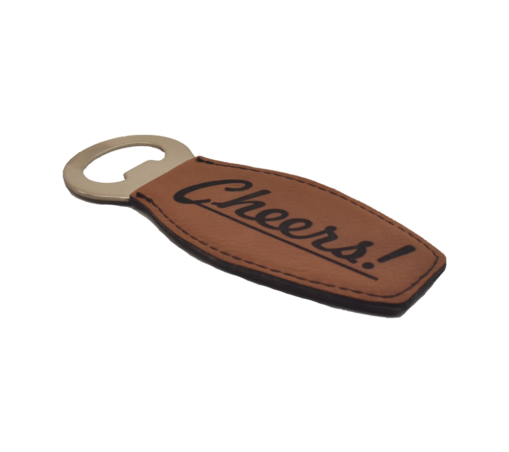 Cheers Engraved Leather Bottle Opener - Whitetail Woodcrafters