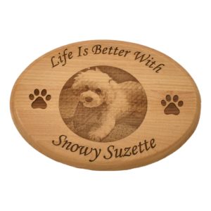 Engraved, hardwood, oval sign.