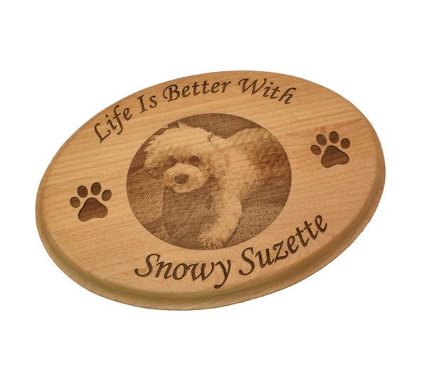 Engraved, hardwood, oval sign.