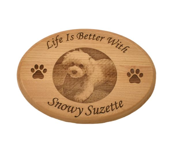 Engraved, hardwood, oval sign.