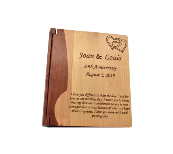 Personalized three ring wooden photo album.