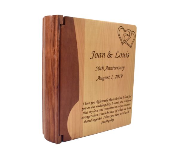 Personalized three ring wooden photo album.