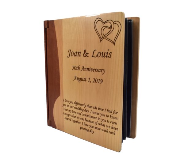 Personalized three ring wooden photo album.